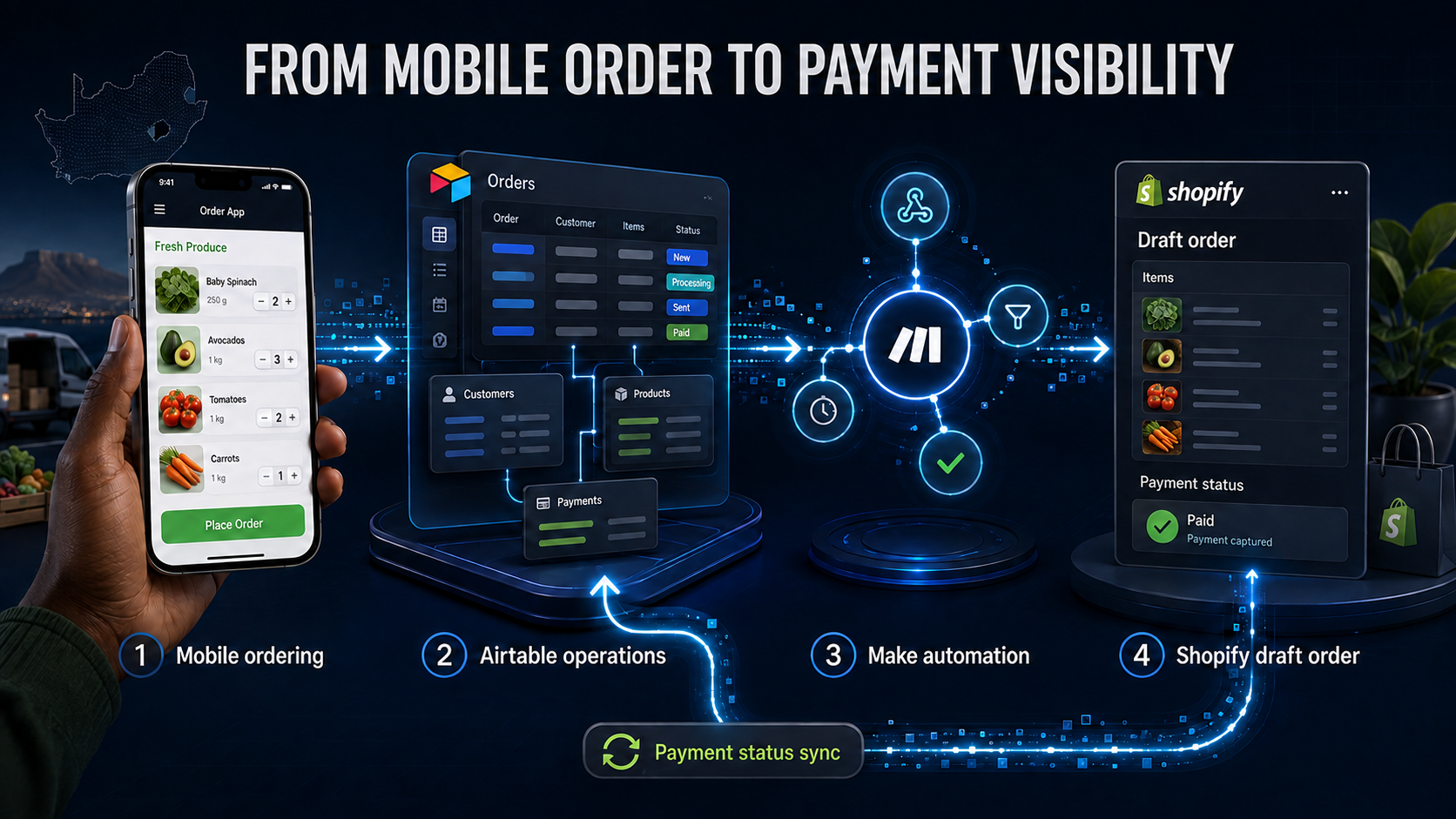 Automated order and payment workflow for a South African fresh-produce distributor